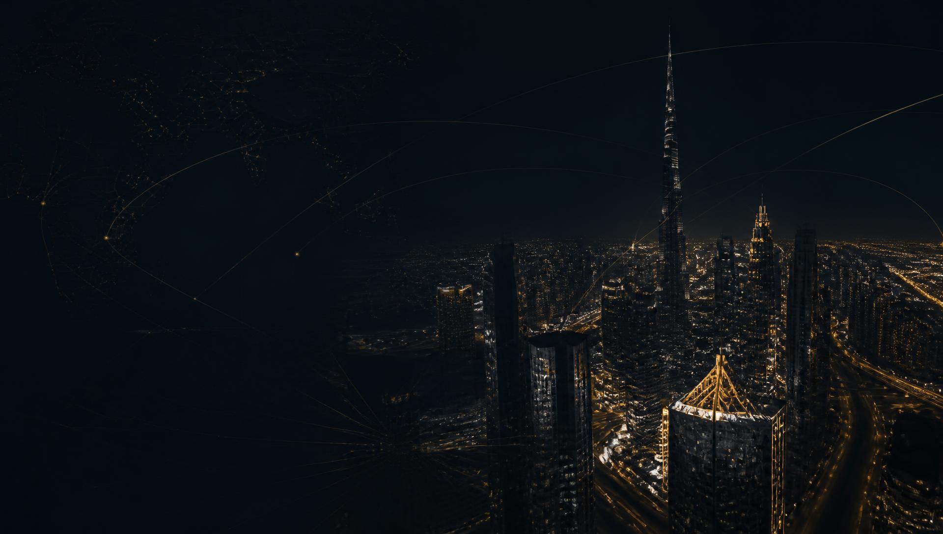 Dubai financial district skyline at dusk, interpreted as routes of institutional capital